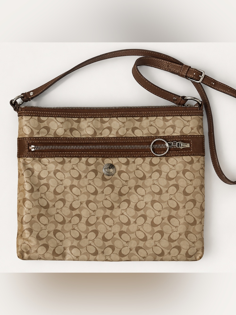 Coach Tan Signature Crossbody with Brown Leather Trim